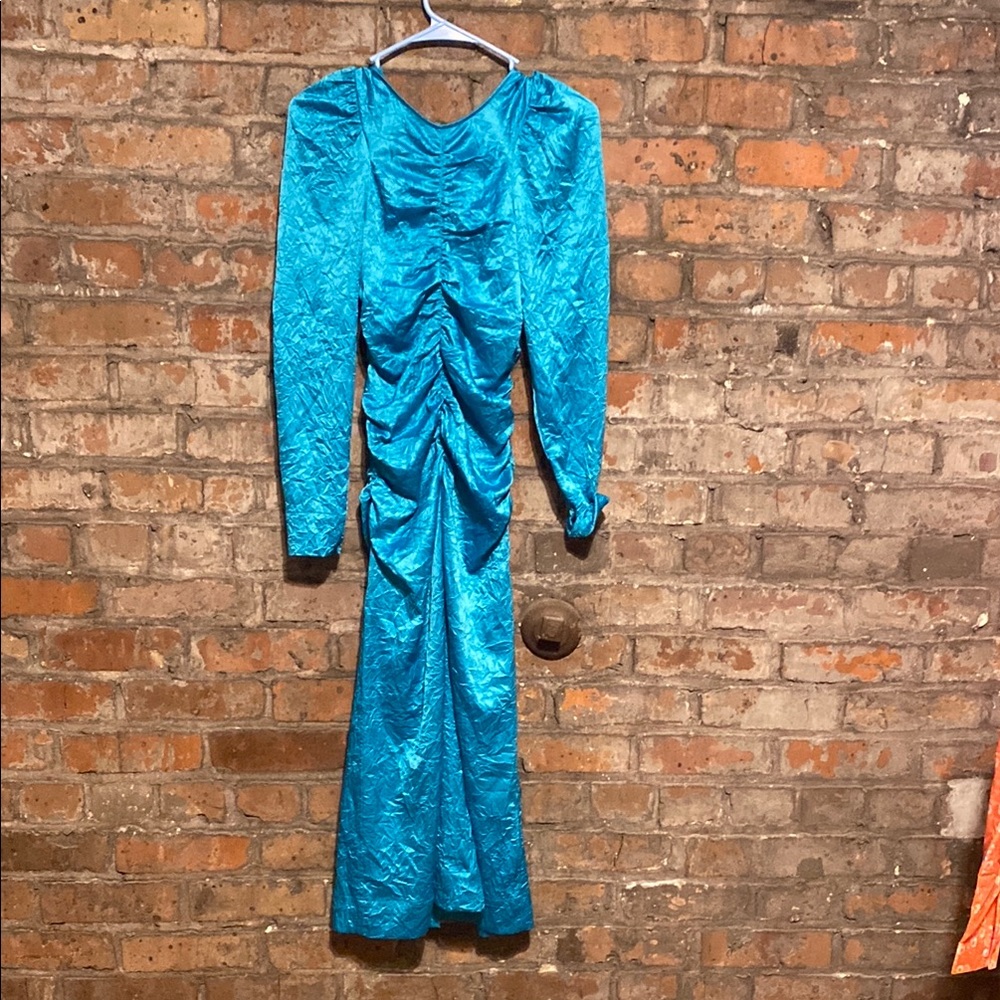 Ganni Blue Long Sleeve Cowl Neck Gown